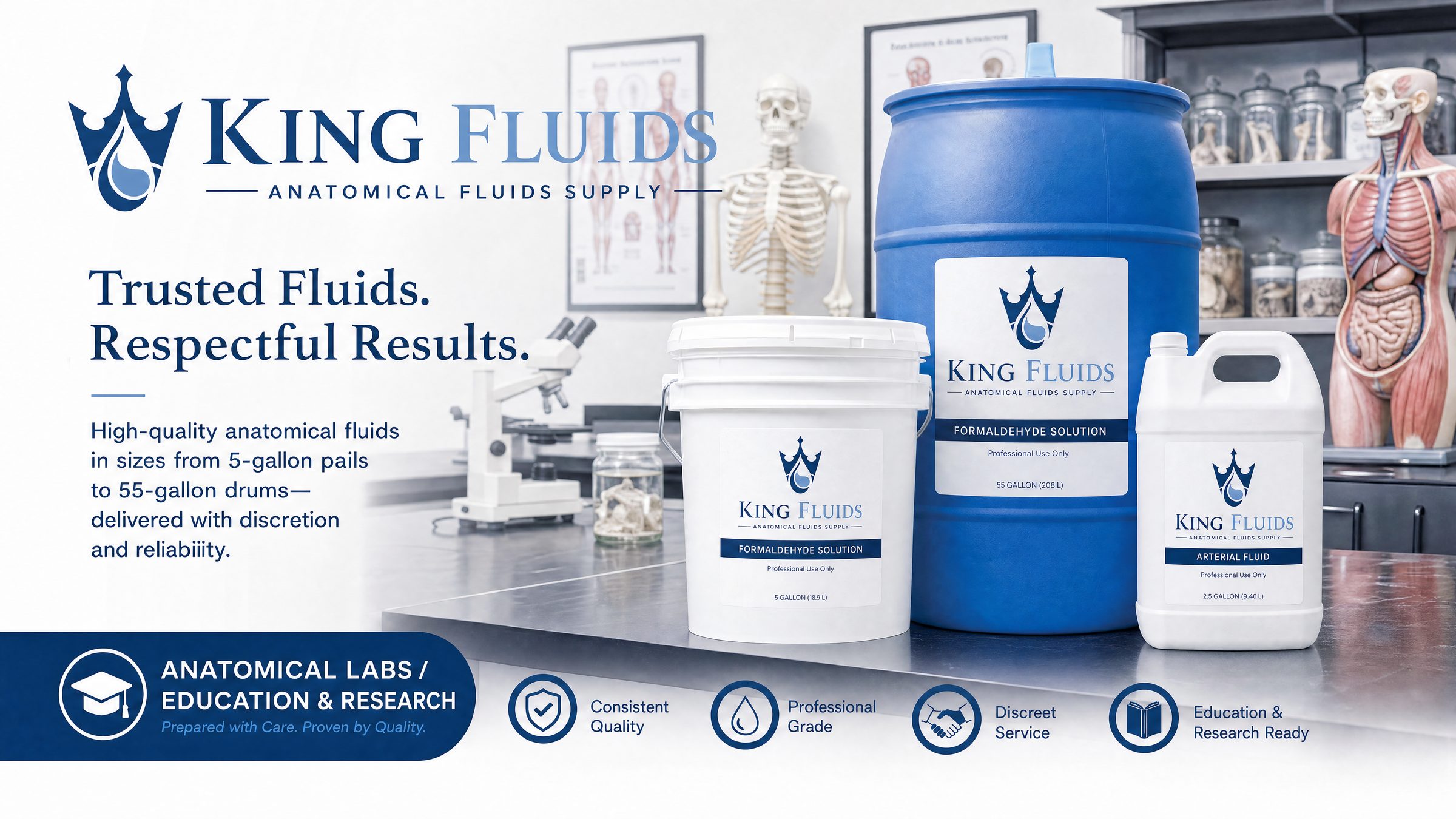 King Fluids for anatomical and university laboratories: formaldehyde and arterial fluid for education and research.