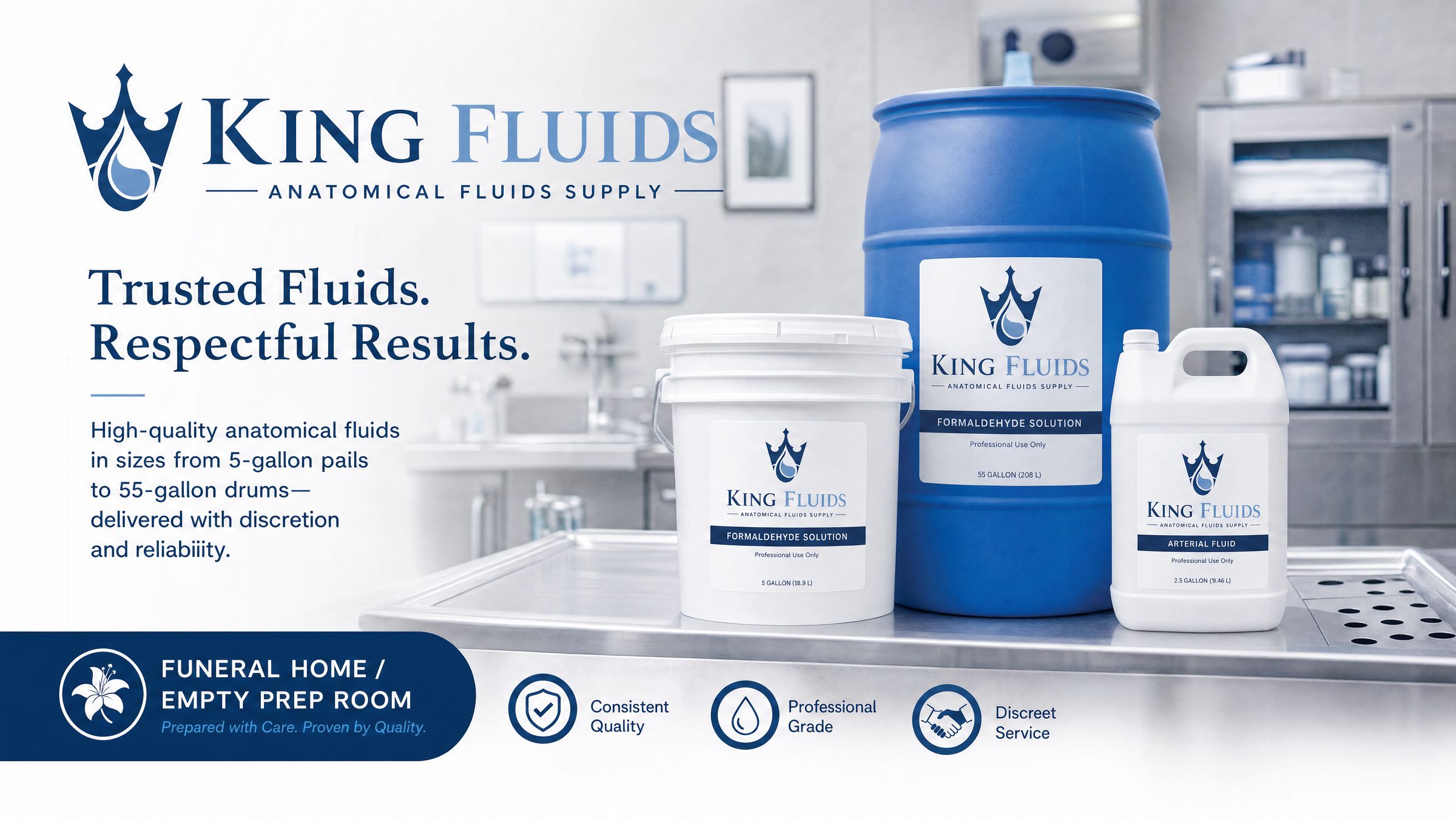 King Fluids for licensed funeral homes: arterial fluid and formaldehyde in pails and drums in an empty prep room.